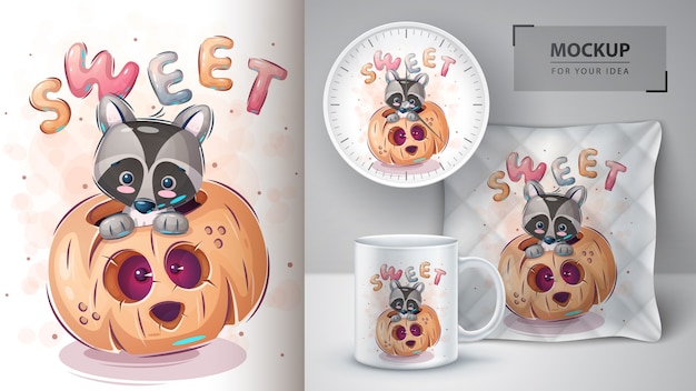 Vector raccoon in pumpkin - poster and merchandising