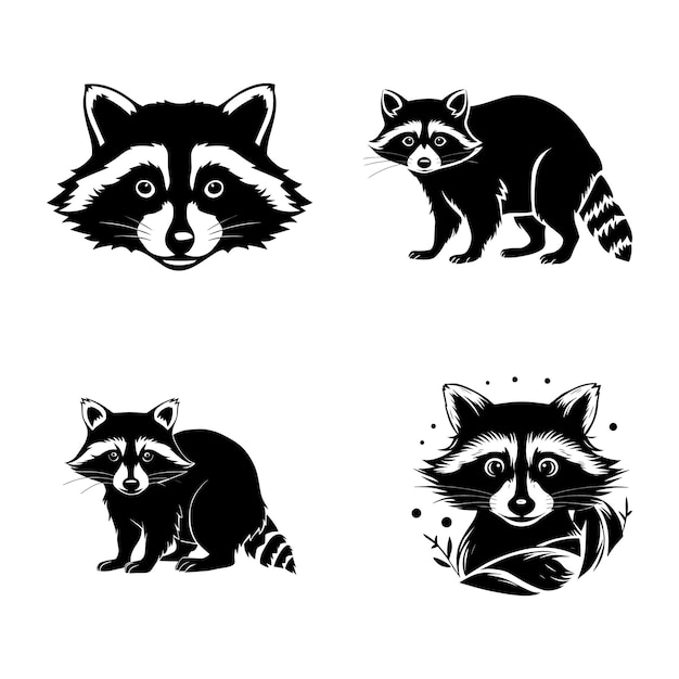 Vector raccoon silhouette set black color vector illustration