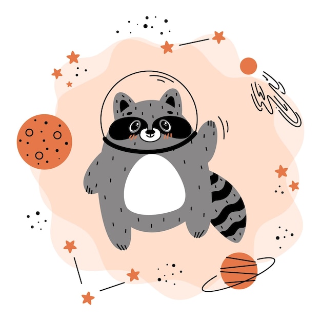 A raccoon in a space suit with a planet in the background.