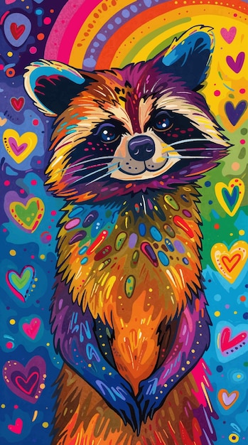 Vector a raccoon stands with its paws crossed in front of a rainbow and hearts