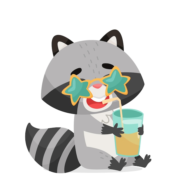 Raccoon in sunglasses sits and drinks a cocktail Drawn in cartoon style