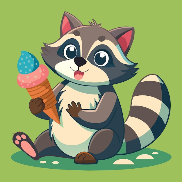 a raccoon with a piece of candy in his mouth is holding an ice cream cone