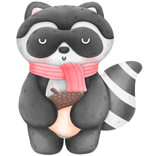 A raccoon with a scarf around its neck and holding an acorn