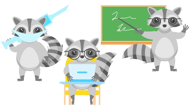 Raccoons Working On A Laptop, Stinks, Masked Doctor With Syringe, Teacher Near The Blackboard