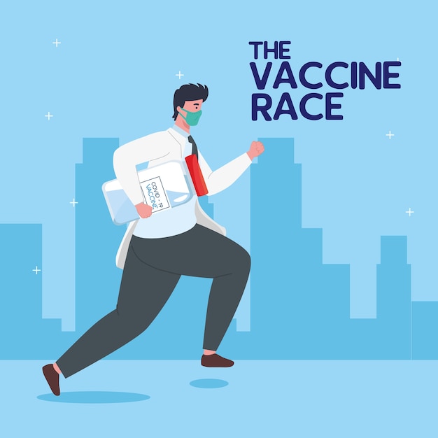 The race between country, for developing coronavirus covid19 vaccine, doctor running with vial illustration