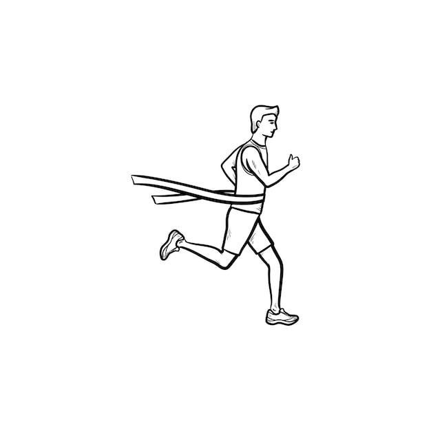 Race leader crossing finishing tape hand drawn outline doodle icon. Race winner, marathon leader concept