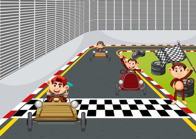 Race track scene with monkey racing drivers