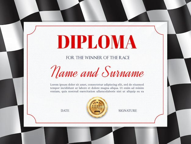 Race winner diploma certificate with racing flag background frame