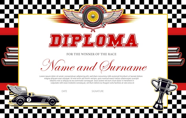 Race winner diploma template. Racing award border with  checkered flag, winged car and goblet