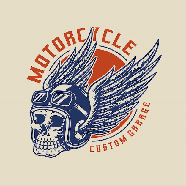 Racer skull in winged helmet. Design element for emblem, poster, t-shirt.