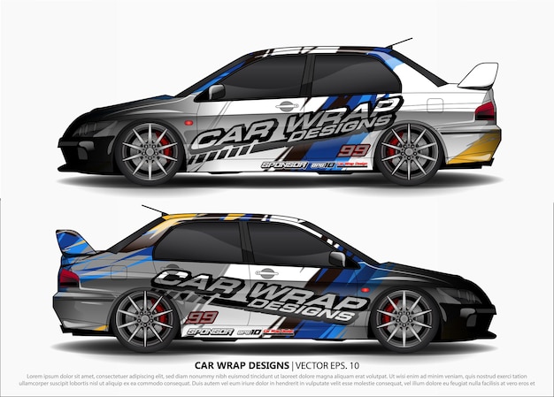 Racing car wrap design. Vehicle vinyl sticker and automotive decal livery