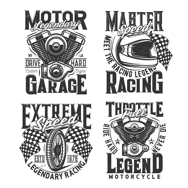 Racing sport and garage t-shirt prints. Motorsport racing team, motocross club or custom bikes restoration and repair garage station apparel custom design retro vector prints with engine, racer helmet