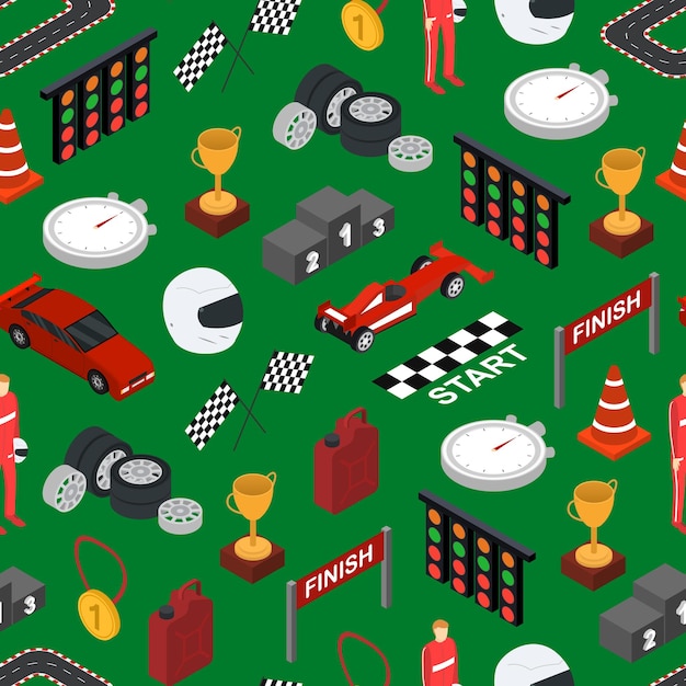 Racing Sport Seamless Pattern Background Isometric View Vector