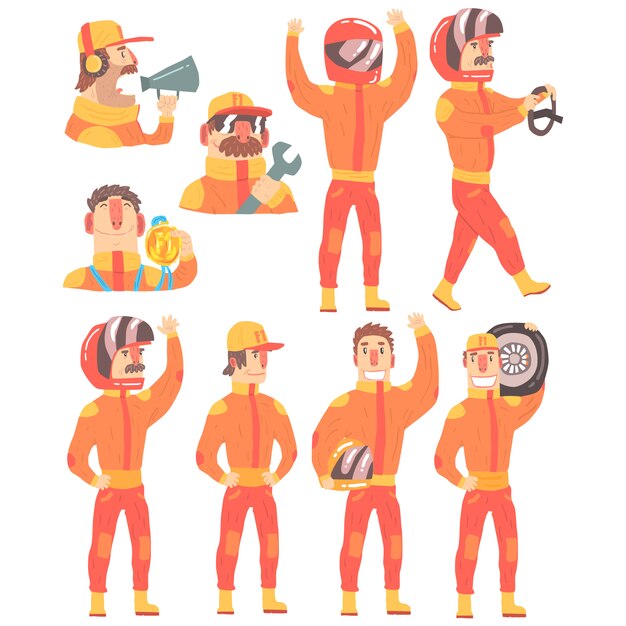 Vector racing team members in orange uniform including driver and pit stop technicians team set of cartoon characters.