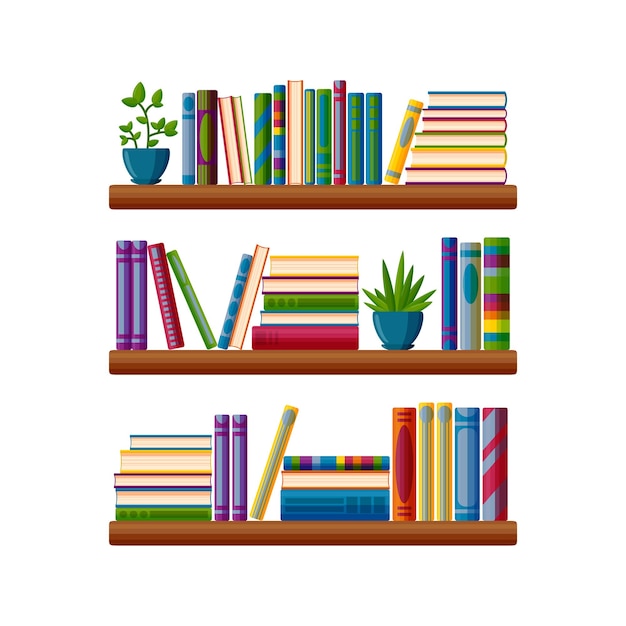 Racks with books and plants Colorful books in cartoon style Vector illustration