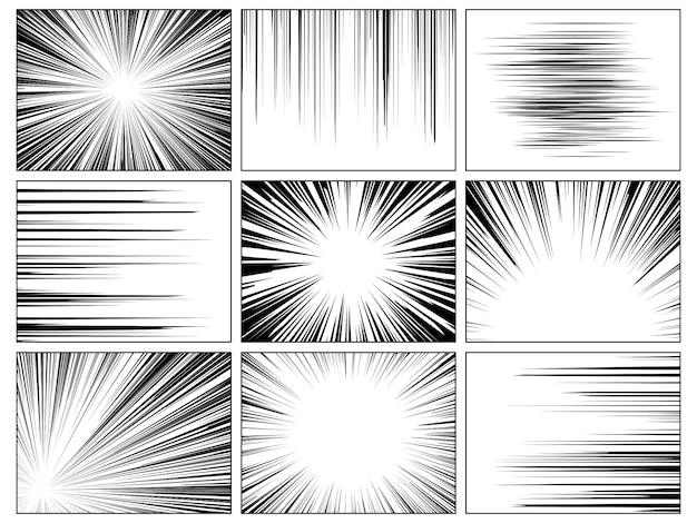 Radial comics lines. Comic book speed horizontal line cover speed texture action ray explosion hero drawing cartoon set