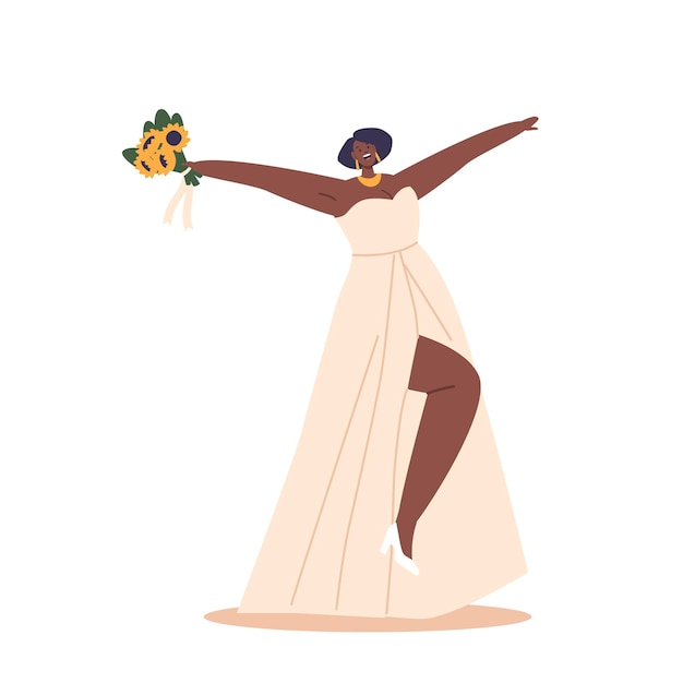 Radiant African American Bride Character Holds A Sunflower Bouquet Featuring An Array Of Flowers Cartoon Illustration