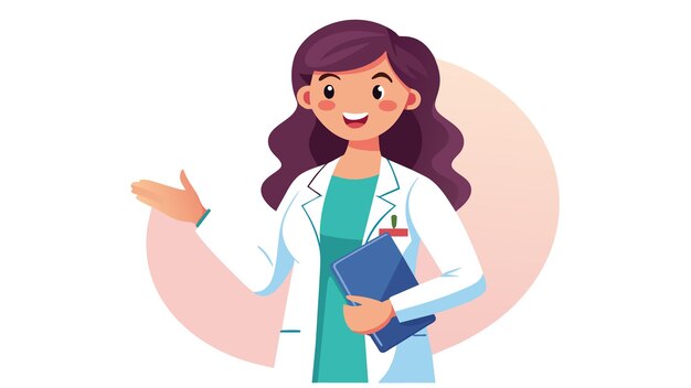 Radiant scientist in lab coat points with joy showcasing expertise and positivity