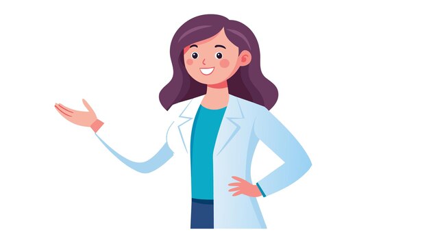 Radiant scientist in lab coat points with pride showcasing expertise and joy