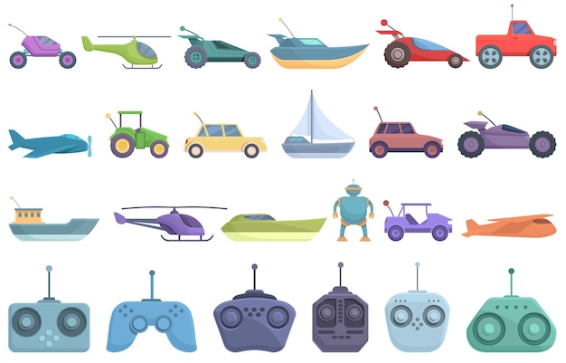 Radio control toys icons set cartoon vector Rc toy