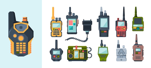 Radio device Military or police radio frequency transmitters and receivers garish vector flat pictures collection