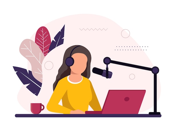 Radio host sitting in front of microphone. Young woman in headset working at the radio studio