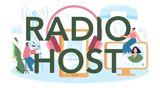 Radio host typographic header Idea of news broadcast in the studio Radio DJ interviewing a person Person talking through the microphone Flat vector illustration