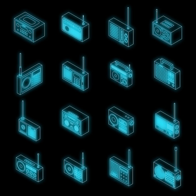 Radio icons set vector neon