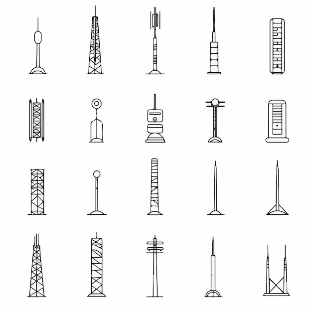 Vector radio tower and pole linear icons set