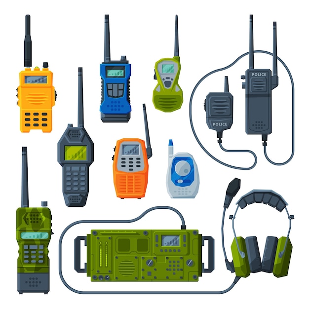 Vector radio transmitters collection modern handheld portable devices walkie talkie flat vector illustration