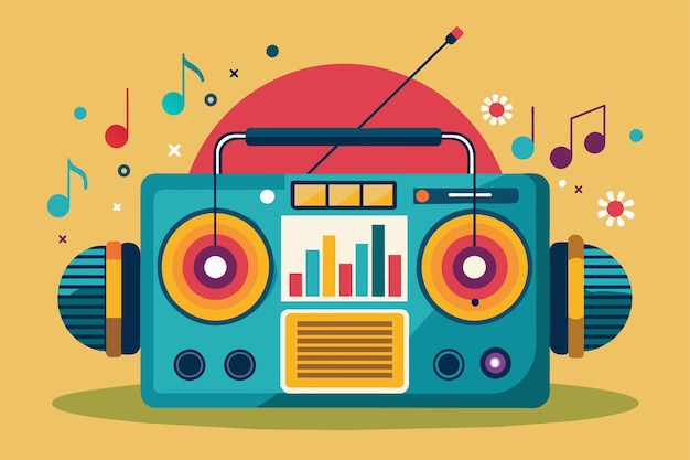 Vector a radio with music notes flowing out of it in a simple and minimalist design radio is playing music simple and minimalist flat vector illustration