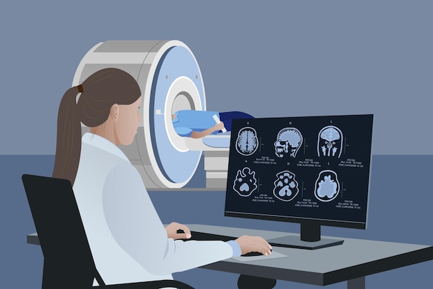 A radiologist analyzes the results of a patient's brain MRI on a computer monitor