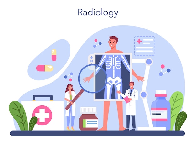 Radiology concept Idea of health care and disease diagnosis Xray MRI and ultrasound image of human body with computed tomography Isolated vector illustration in cartoon style