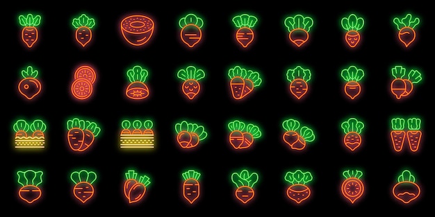 Radish icons set vector neon