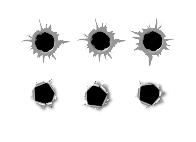 Ragged hole in metal from bullets on white transparent background vector