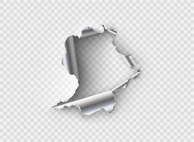 Vector ragged hole torn in ripped metal on transparent background