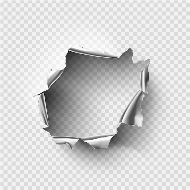 Vector ragged hole torn in ripped metal on transparent background