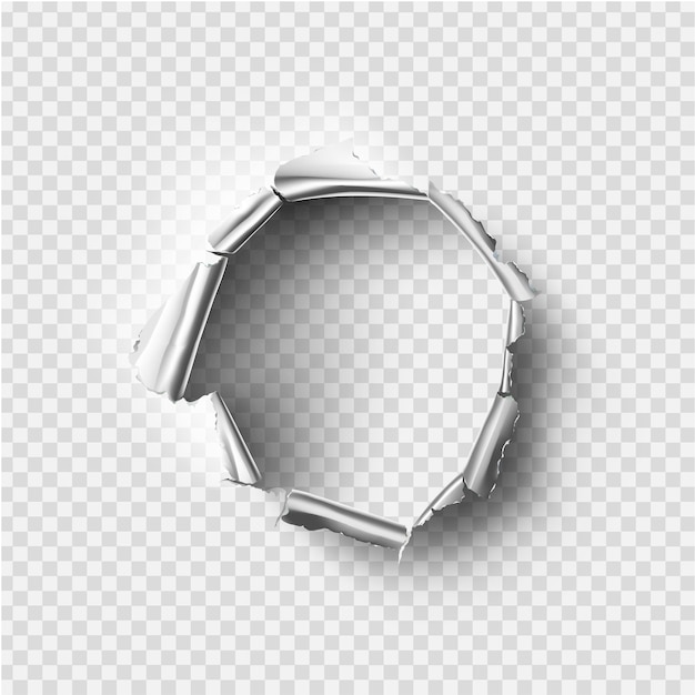 Vector ragged hole torn in ripped metal on transparent background