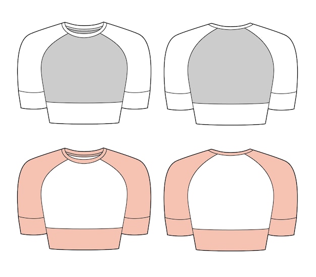 Vector raglan cropped t shirt front and back view flat sketch vector template