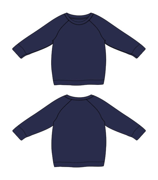 Raglan Long sleeve sweatshirt technical fashion flat sketch vector navy color template for women's