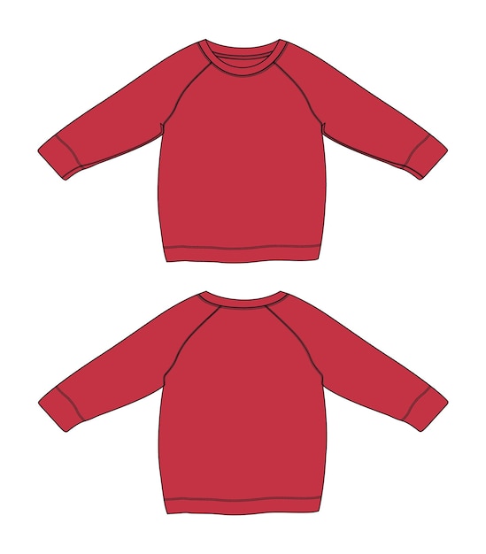 Raglan Long sleeve sweatshirt technical fashion flat sketch vector red color template for women's