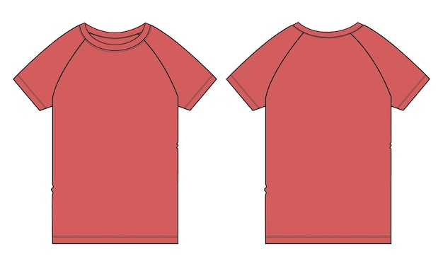 Raglan short sleeve t shirt Technical fashion flat sketch vector illustration red Color template