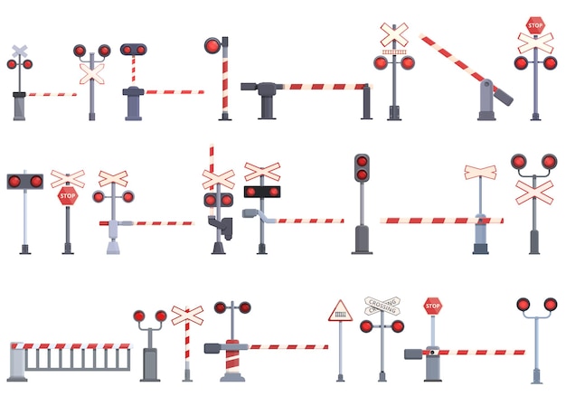 Railway crossing icons set cartoon vector. Railroad signal. Alert train barrier