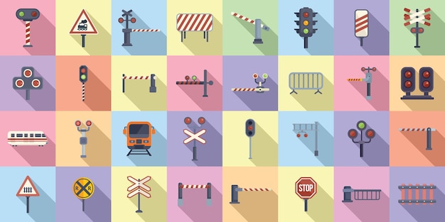 Railway crossing icons set flat vector Signal alert