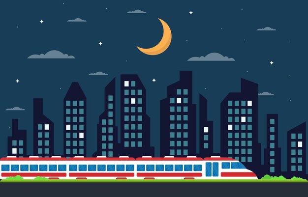 Vector railway railroad side public transport commuter metro train landscape illustration