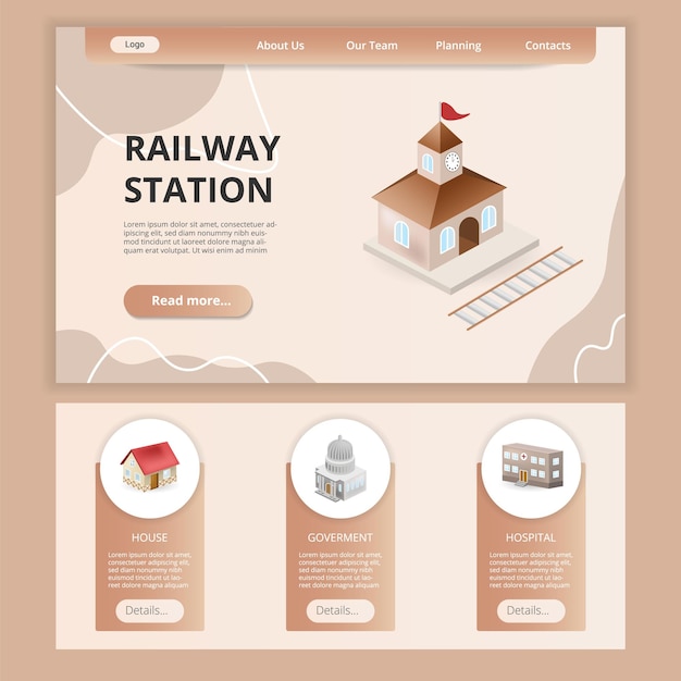 Railway station flat landing page website template house government hospital web banner with header