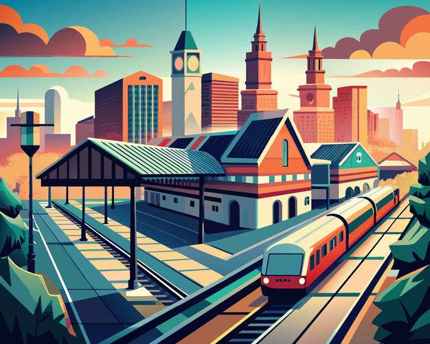 Vector railway station flat vector illustration