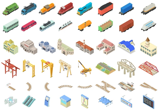 Railway station icons set. Isometric set of railway station icons isolated  