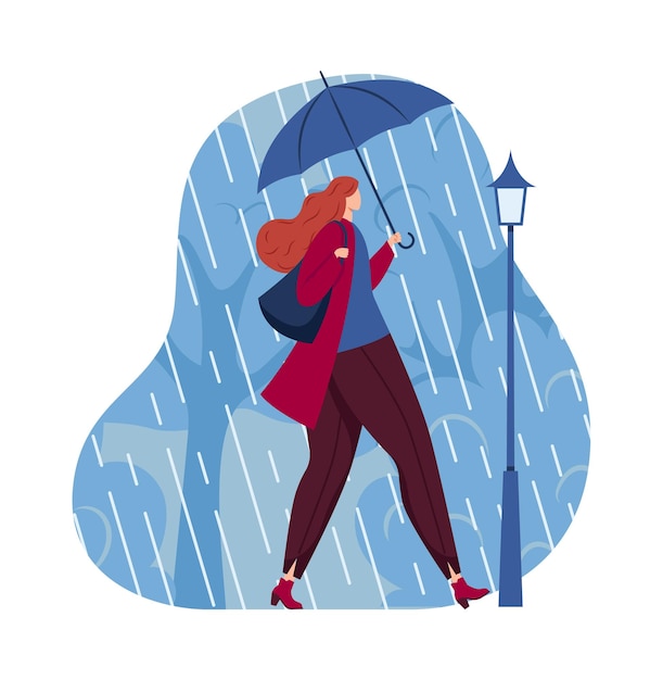 Rain girl coming umbrella concept autumn weather rainy season water nature design in cartoon style vector illustration