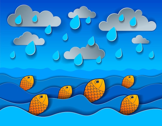 Rain over the sea and funny cartoon fishes with curvy waves rainy weather, perfect modern vector illustration in paper cut 3d style.